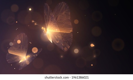 Two golden glowing butterflies with circuit wings on a dark background	

