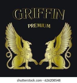 Two golden griffins on black background. 