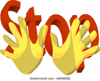 Two golden hands held up to stop with stop in words illustration vector