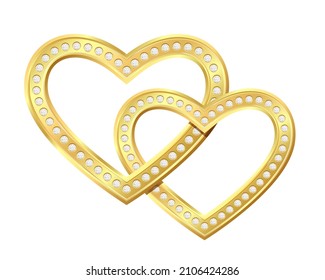 Two golden heart with shiny diamonds linked together. Realistic vector illustration isolated on white background. Valentines Day card.