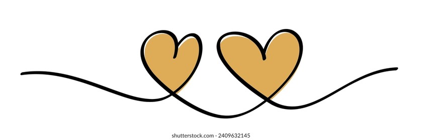 Two golden hearts continuous wavy line art drawing on white background. Happy Valentine's day header or banner or letter template. Vector illustration
