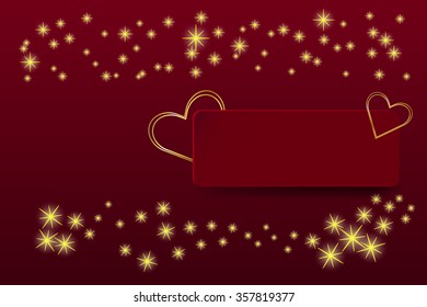 Two golden hearts frames are on the red rectangle with shadow which is ready for your text. Many shining golden stars are above and below them. Everything is on a red background.
