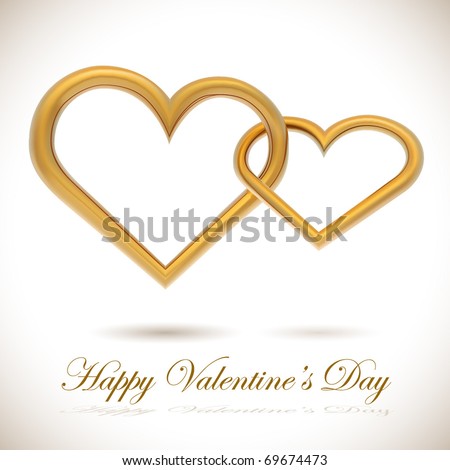 Two golden hearts linked together realistic vector illustration. Valentine's Day card.