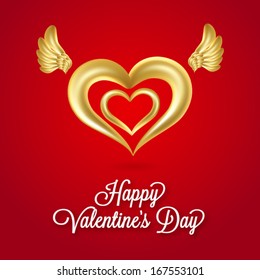 Two golden hearts with wings realistic vector illustration. Valentine's Day card.