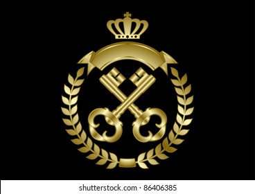 Two golden keys framed with a laurel wreath and topped with a crown