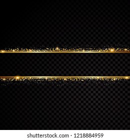 Two golden lines with light effects. Isolated on black transparent background. Vector illustration banner