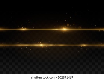 Two golden lines with light effects. Isolated on black transparent background. Vector illustration, eps 10.