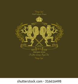 two golden lion cock in center of wreath. Royal yellow monogram luxury style