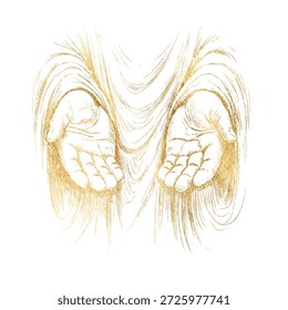 Dos manos abiertas de oro gesto de fe y aceptación, dibujo a lápiz ilustración de manos bíblicas extendidas hacia adelante, símbolo de oración, recepción, compasión, ofrenda espiritual