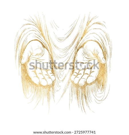 Two golden open hands gesture of faith and acceptance, pencil sketch illustration of biblical hands extended forward, symbol of prayer, receiving, compassion, spiritual offering