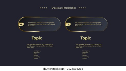 Two golden options chart design witn 2 icons in Numbers concept templates. and 2 Luxury buttons geometric Infographic design, used in presentations, business and finacial banners vector design
