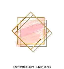 Two golden overlapping square frames with shadow isolated on pastel pink brush stroke background. Vector design element.