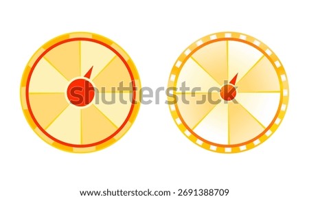 Two golden and red prize wheels (one with a pointer). Ideal for digital contests, casino apps, lucky draw promotions, and prize games.