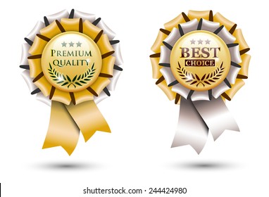 two golden ribbon rosettes, isolated on white background, vector illustration, eps 10 with transparency