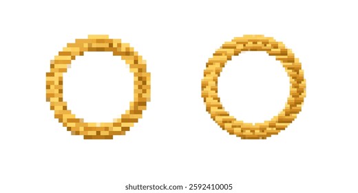 Two golden rings in pixel art style showcase different textures and detailed patterns.
