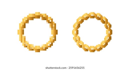 Two golden rings are shown. both have distinct designs, with a focus on geometric simplicity.