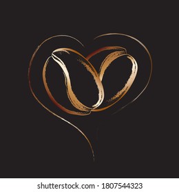 Two golden roasted aromatic coffee beans in heart shape, scented grain silhouette, caffeine, love symbol for coffee shop, cafe menu. Hand drawn graphic vector illustration isolated on black background
