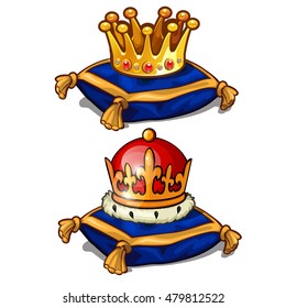 Two golden Royal crown lying on a blue pillow isolated on white background. A symbol of autocracy. Vector cartoon close-up illustration.