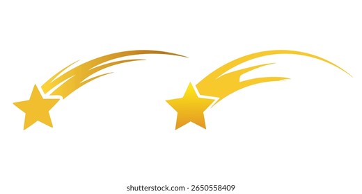 Two golden shooting stars with trailing light streaks against a clean white background. These stylized celestial elements evoke a sense of magic, luck, and celebration.