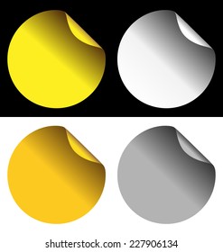 Two golden and two silver stickers isolated on white and black backgrounds