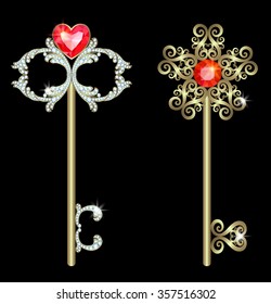 Two golden skeleton keys decorated with diamonds and rubies
