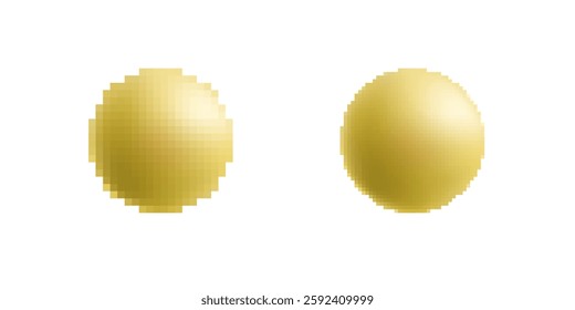 Two golden spheres with a shiny surface display a smooth texture. bright light enhances their gloss.