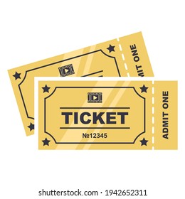 two golden tickets to the cinema. flat vector illustration isolated on white background.