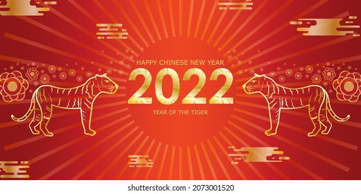 Two golden tigers on a gradient background with tiger numbers 2022 and happy Chinese New Year.