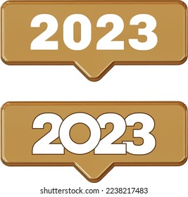 Two golden tooltips with new year 2023 numbers. Popup window. 3d rendering