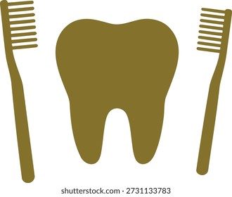 Duas escovas de dentes douradas flanqueiam um grande dente molar dourado sobre um fundo branco de higiene dentária