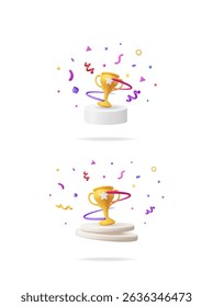 Two golden trophy cups on podiums, with colorful geometric confetti shapes. Success award concept illustration for winner celebration.