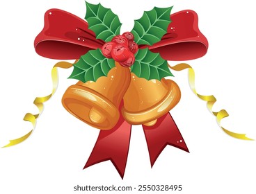 Dois sinos de Natal vetor dourado com um arco vermelho e azevinho em um fundo branco. Feliz Natal, símbolo, feriado, religião. 