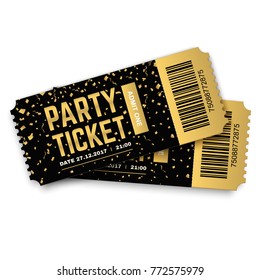 Two Golden Vector Party Tickets. Realistic 3d Design With Gold Confetti On White Background. Event Ticket Set.