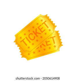 Two golden vintage tickets to the cinema or party, icon isolated on white background. Cartoon realistic design. Vector illustration.