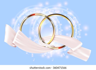 Two golden wedding ring with white ribbon. Elegant vector tender marriage card with spark and sparkling effect on blue background
