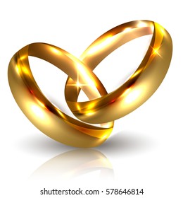 Two Golden Wedding Rings Isolated on White Background. Luxury 3D Vector Illustration 