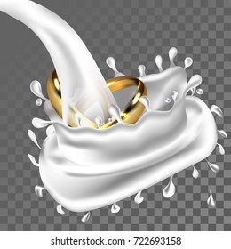 Two Golden Wedding Rings Sinking in Splash of Milk Isolated on Transparent Background. Prosperity and Happiness Concept. 3D Vector Illustration