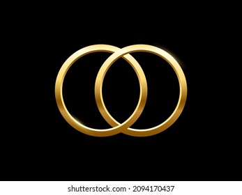 Two golden wedding rings vector illustration. 3d gold glossy frames of round shape, circles with gradient light effect, elegant rings for groom and bride ceremony isolated on black background