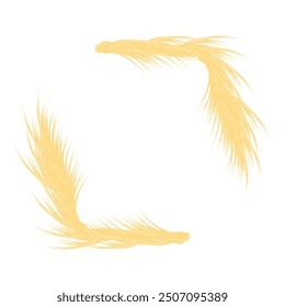 Two golden wheat stalks are forming a frame on a white background