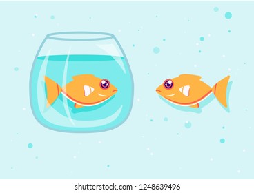 two goldfish in the water. fish in the aquarium looks at the fish floating in the water. vector illustration EPS10