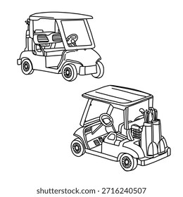 Two golf carts are depicted in a simple line art style, perfect for coloring books or illustrations. One cart is shown from a front angle, while the other includes golf clubs.