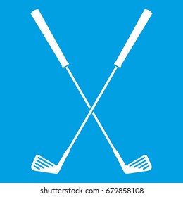 Two golf clubs icon white isolated on blue background vector illustration