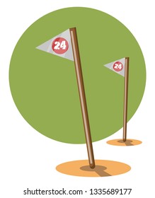 Zwei Golfflaggen befinden sich in der Nähe von der Zahl 24, die auf jeder Fahne auf grünem Hintergrund gedruckt ist, Vektorfarbzeichnung oder Illustration.