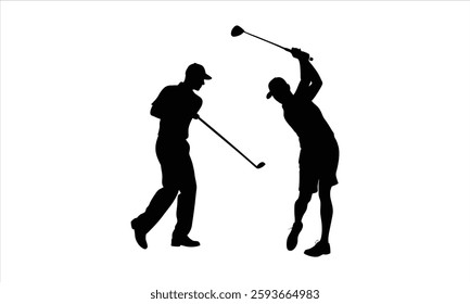 Two golfers practicing swing, silhouette style.