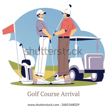 Two golfers stand and chat beside a golf cart, holding clubs on a lush course. Their relaxed, friendly demeanor suggests camaraderie. Golf bag and flag visible in the background.