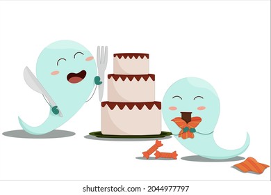 two golobuk ghosts enjoying sweets candy and a big cake