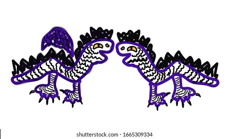 Two good dragons or dinosaurs with spikes on the back and  with wings. Illustration in the style of children's drawings. Isolated on white. Vector.