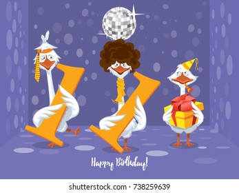 Two goose holding the number 11. the third goose holds a gift on a colorful background. banner "Happy Birthday". vector illustration.