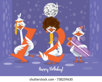 Two goose holding the number 12. the third goose holds a gift on a colorful background. banner "Happy Birthday". vector illustration.