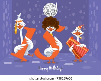 Two goose holding the number 15. the third goose holds a gift on a colorful background. banner "Happy Birthday". vector illustration.